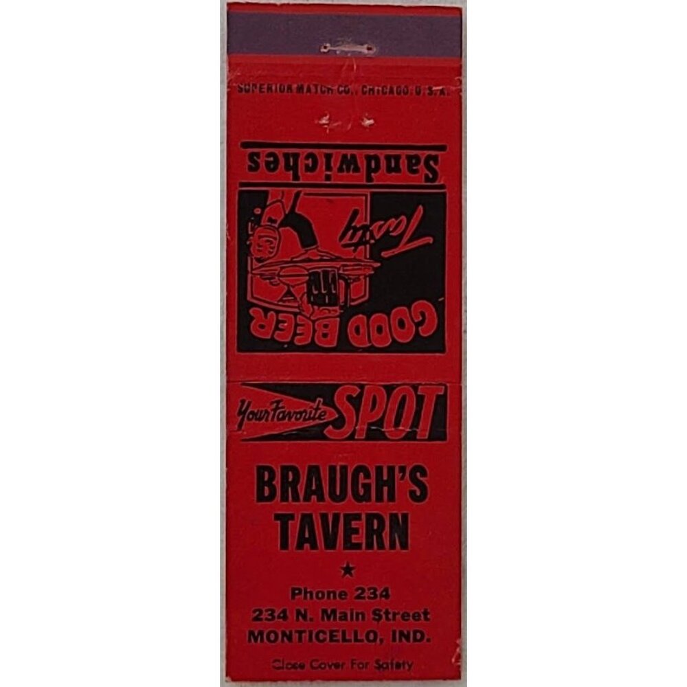 Vintage Matchbook Cover Braugh’s Tavern Monticello IN Indiana Red